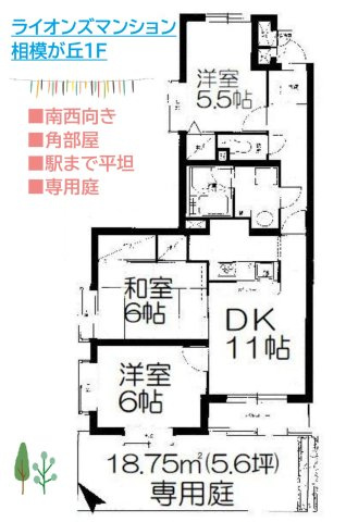 【間取り】 | 広々とした専用庭ではガーデニングを楽しむこともできますね♪　　　　
２方からたっぷり採光を取り入れられる人気の角部屋です！