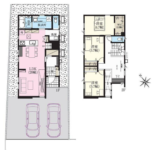 西野４条７丁目　新築戸建の間取り|南西向き、吹き抜けのある広々とした20帖のLDKが特徴。洗面室と脱衣室が分かれており、入浴中でも洗面台が使える人気の間取りです