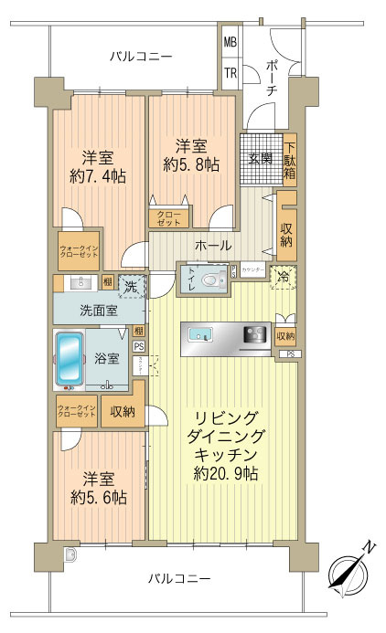 専有面積：93.80㎡、3LDK＋2WIC＋FC、販売価格：4990万円