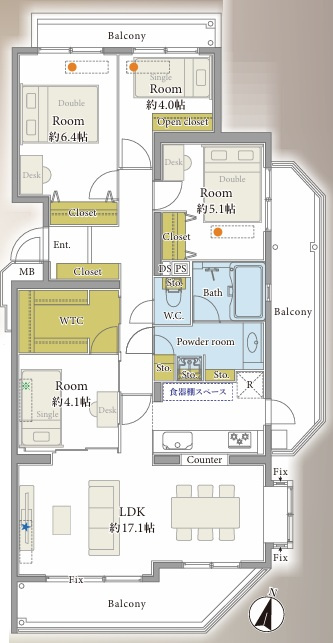 最上階×角部屋でペット飼えちゃう！！田の字間取りではない！！何と言ってもまずマンションエントランスから爆上げ必須！！な、『パークハイム三ツ沢』リノベーションの間取り