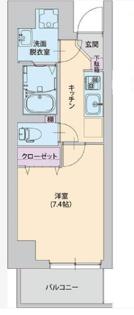 ベルガモット梅屋敷の間取り|南向きバルコニー南西角部屋の1K
洋室7.4帖バストイレ別独立洗面台！