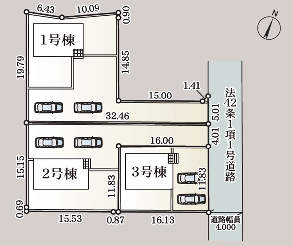 【Cradle Garden】　結城市結城　第４６　全3邸の区画図|全棟配置図