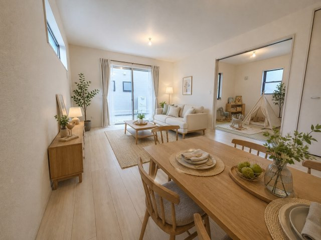 三郷市寄巻　新築戸建　全1棟の居間・リビング|同施工会社の参考写真にCGによる画像処理を行っています。家具、小物、カーテン等はイメージはCGです。