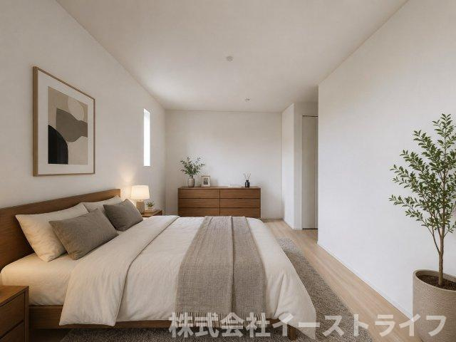 【新築戸建】　いわき市小名浜岡小名第4　全2棟の寝室|同社施工写真　フローリングのお部屋は耐久性があり傷が付きにくいので、一般的な使用ではメンテナンスはあまり必要ありません。また、汚れたらさっとふき取るだけで、きれいな場外を保つことができます。