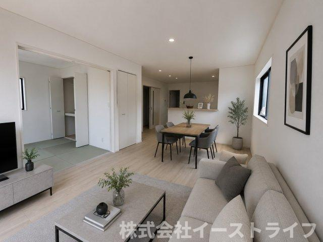 【新築戸建】　いわき市小名浜岡小名第4　全2棟の居間・リビング|同社施工のLDKに家具を配置したイメージ画像です。
※本画像はCGで作成しており、実際に現地に 家具は置かれておりません。また、価格に 家具は含まれておりません。