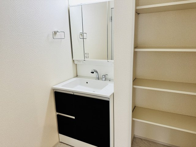 八王子市　楢原町　新築一戸建て　２期の独立洗面台|～３面鏡付きの独立洗面台　細々している物をスッキリ収納出来ます～