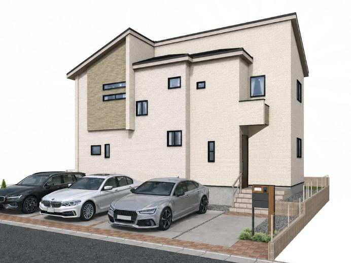 八王子市　北野台　新築一戸建ての外観パース|～太陽光パネル搭載　並列3台駐車可能　控除や減税で優遇の長期優良住宅～