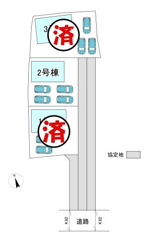 【同施工物件ご案内可能】西境町蒲生池　全3棟の区画図|全体区画数｜全3棟
◆駐車4台可能！(但し、車種による)
◎まずは、お気軽にお問い合わせください。現地を案内しながら周辺環境も見て頂けます。　　　　　　　　　　　　　　　　　　　　　　　　　　　　　　