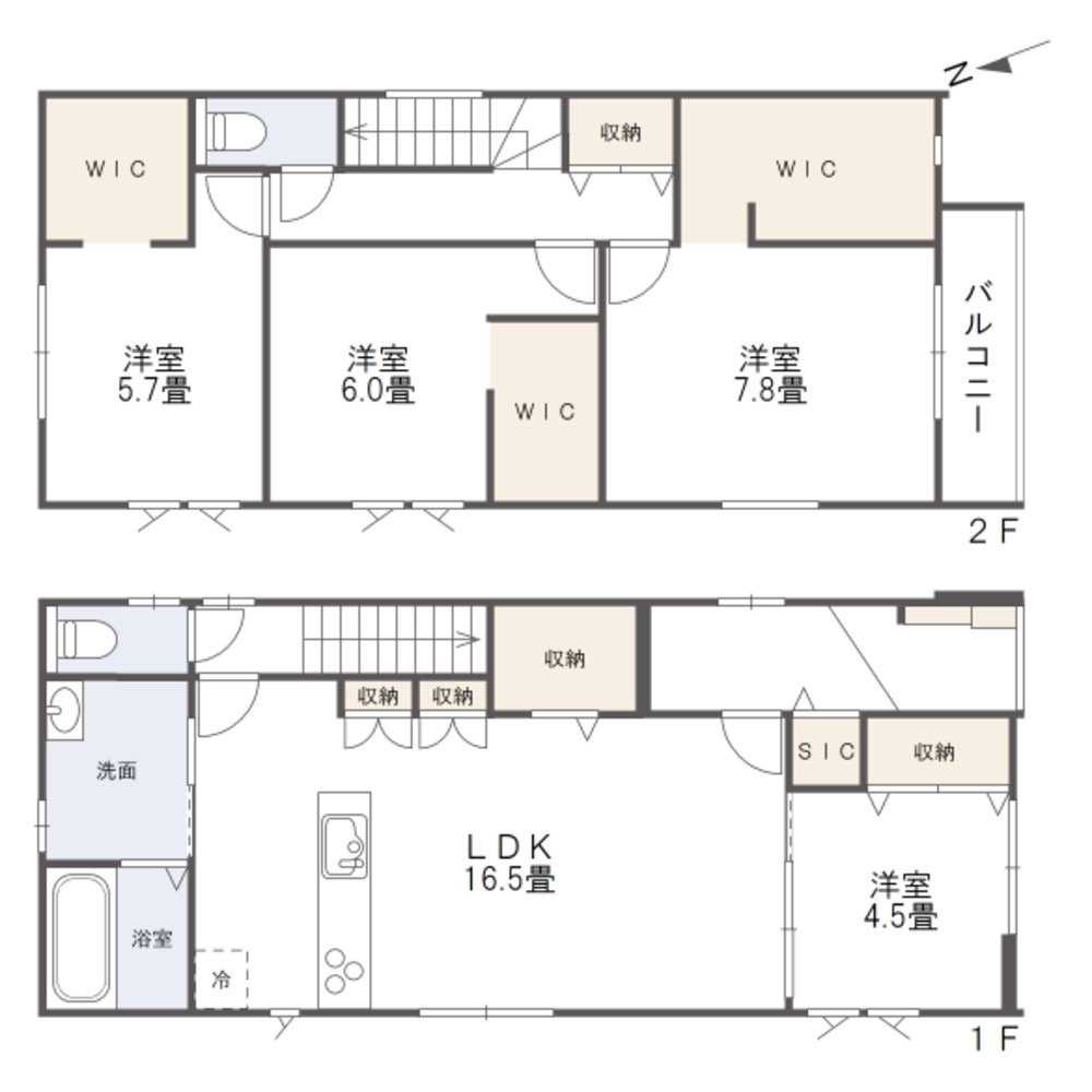 岡山市中区関　戸建ての間取り|4LDK、シューズインクローゼット等があり、収納豊富な間取りです。