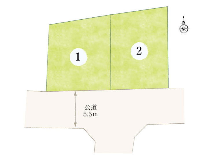 久喜市葛梅（全2区画）配置図　南道路に面した陽当たりの良い立地。明るく開放的な住まいで、駐車や車の出入りもスムーズです。