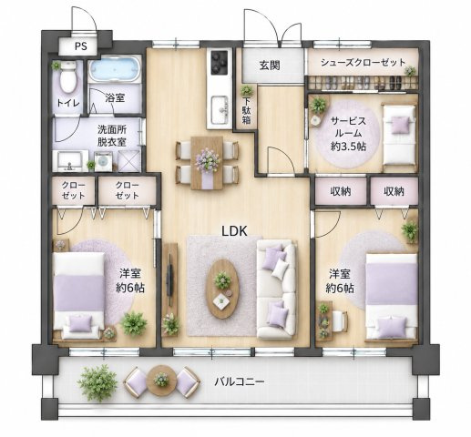 【間取り】 | サンシャイン野間☆仲介手数料半額☆ | ※本図に表示されている家具・家電・照明・インテリア・観葉植物等は、AIによる配置イメージです。実際には設置されておらず、売買対象にも含まれません。図面と現況が相違する場合は、現況を優先いたします。