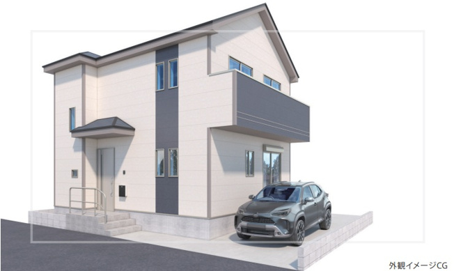 【外観パース】 | 川越市下新河岸　新築一戸建住宅　全1棟　（ふじみ野店） | ・住宅性能表示W（設計住宅性能評価書取得済＋建物住宅性能評価書取得予定）
・長期優良住宅
・みらいエコ住宅