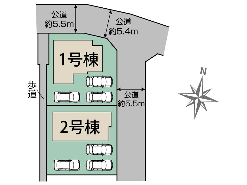 新築　藤岡市藤岡　Blooming　Garden　１号棟の区画図|1号棟　区画図　北側接道幅員約5.4ｍ　東側接道幅員約5.5ｍ
