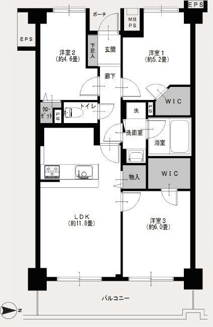 小松川パークマンション弐号棟（13階部分）／仲介手数料無料／新規フルリノベーションの間取り