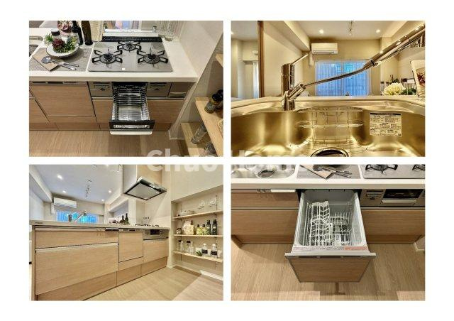 ストーク両国秀山のキッチン|【システムキッチン】ワイドで収納豊富な使い勝手の良いカウンターキッチンには、食洗器・伸縮タイプのキッチン水栓、三ツ口コンロ・魚焼きグリルなどの便利な設備が標準完備されています。