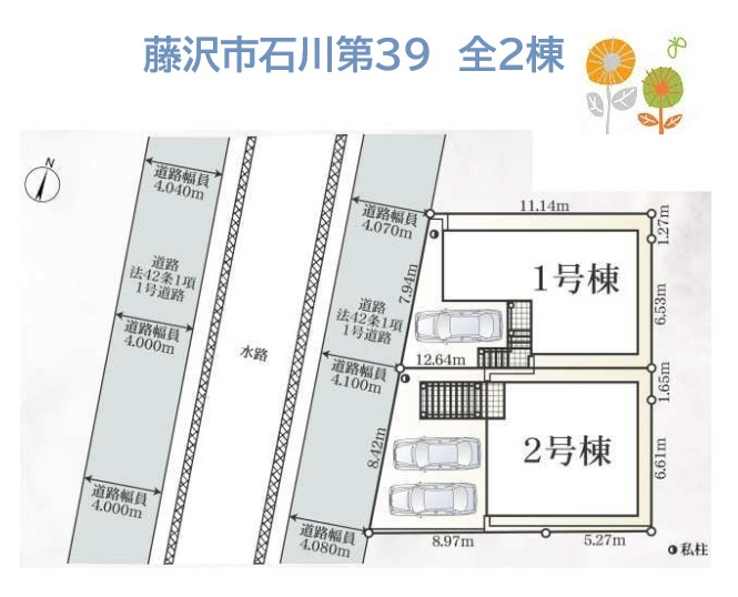 藤沢市石川第39　全2棟　2号棟の区画図|四季を感じる公園、徒歩圏内にスーパーやコンビニ・飲食店があり生活のしやすいロケーションです◎