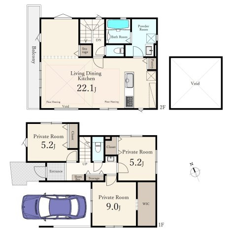 板橋区赤塚6丁目 全2棟 1号棟の間取り|1号棟　土地面積96.07㎡　建物面積11.58㎡　2階建　3LDK　WIC　ビルトインガレージ付
