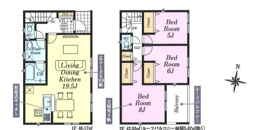 【仲介手数料無料】富士見市水谷東第11―新築分譲住宅―限定１棟―の間取り|19.5帖の特大リビングでゆとりのある空間です！バルコニーはゆったり設計で、お庭の代わりとしてもご利用いただけます。