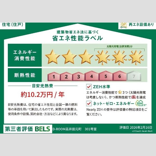 D-ROOM高井田元町の省エネ性能ラベル