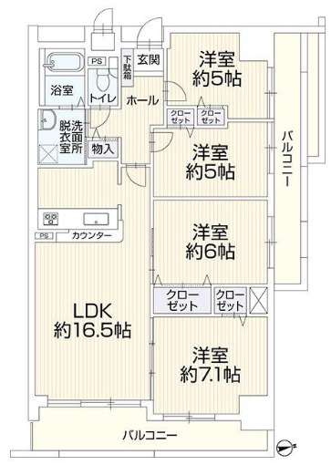 ロワイヤル北条口　7階の間取り|4LDKです。