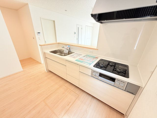 つくば市観音台第15　新築戸建のキッチン|家族とのコミュニケーションや小さいお子さんの様子を見守りながら安心して料理ができます。洗練されたスタイリッシュなデザインと使い勝手を追求した設備、豊富な収納力も大満足です。
