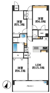 【間取り】 | ウインヒルズジェームス山  | 3LDK、専有面積70.16平米、バルコニー面積10.98平米♪WICや各居室にCLありで収納充実♪