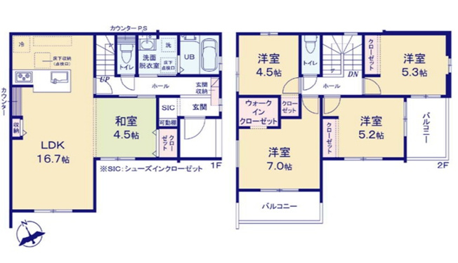 【間取り】 | 高崎市棟高町　新築住宅 | 16.7帖の広々としたLDKに和室が隣接しており、開放的に使えます。全居室収納に加え、大型のシューズインクローゼットやウォークインクローゼットを備えた、収納力とゆとりのある暮らしを実現する間取りです。