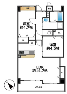 【間取り】 | ワコーレグラン兵庫 | 2LDK、専有面積54.19㎡、バルコニー面積6.95㎡ 