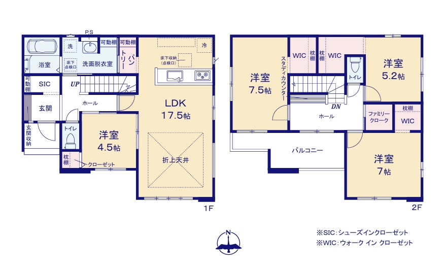 ケイアイフィット　水戸市見川　23期 　限定1棟！の間取り|　
☆全室明るい南向き。SIC、WICなど収納スペース充実。洗面室を2WAY出入り口にし、回遊性のある間取りに。生活動線をコンパクトにする工夫です。