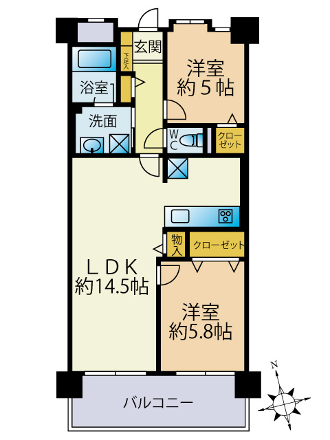 アンピール三苫の間取り|2LDK、価格1690万円、専有面積57.87㎡、バルコニー面積8.10㎡ 