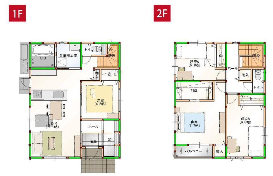 高知市新田町　新築戸建　②　（全3区画）の間取り|②　4LDK+WICL+SCL＋パントリー　　建物面積　103.02㎡（約31.16坪）