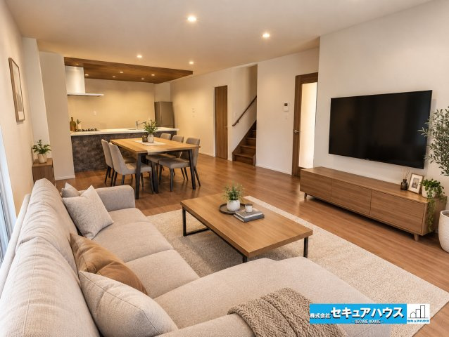 【本日ご案内可能】愛知郡東郷町三ツ池　全2棟の居間・リビング|【LDKに家具を配置したイメージ図】
◆広々としたリビングにはダイニングテーブルや大きなソファを配置することができます。
◆シンプルなデザインのため好きなテイストの空間をつくることが出来ます。　　　　