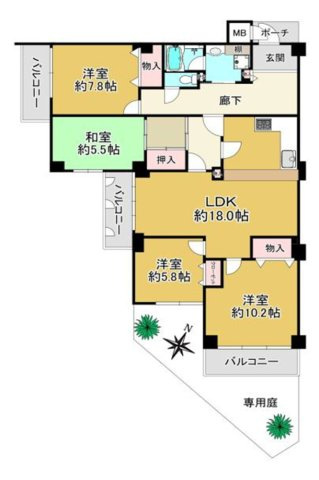 フローラルハイツ岡本の間取り|2026年3月リフォーム済
採光と通風を享受できる角住居