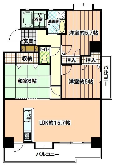 【間取り】 | スカイハイツ香椎 | 角部屋で2面にバルコニーがあるので室内は明るく風通しも良い空間です