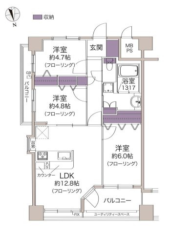 【間取り】 | グエルスクエア八王子 | 3LDKは、リビングダイニングキッチンと3つの居室がある間取り。ファミリー層に非常に人気の高い間取りで、広々としたリビングで家族団らんを楽しみ、個室でプライベートな時間も確保できるのが大きな魅力です。