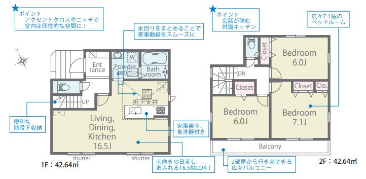 八王子市　中野上町　新築一戸建て　０１期の間取り|～南向き3LDK　開放感のあるワンフロアリビングの間取り～