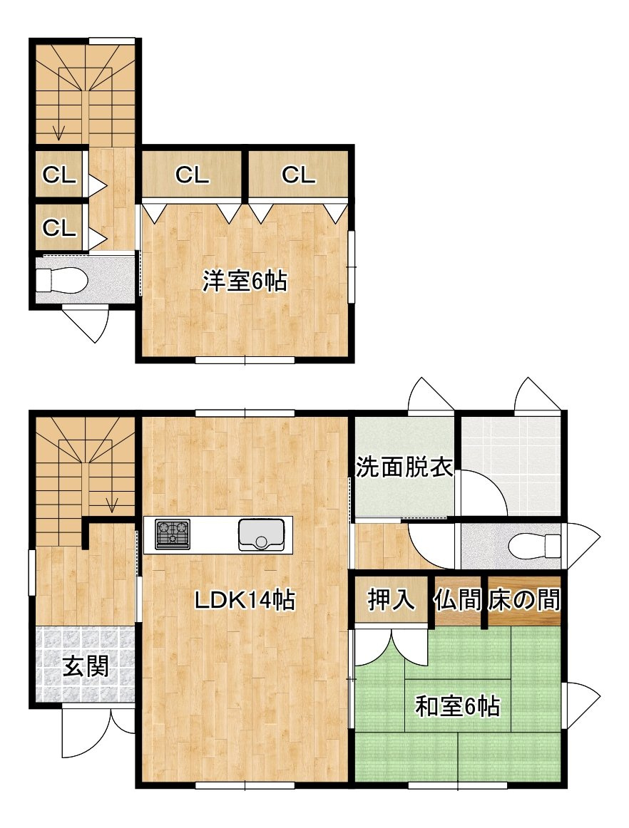 南相馬市原町区中古住宅 築浅2LDK 陽当たり良好！ 不動産プラスの間取り|【間取図】2LDKの住宅です。和室1部屋と洋室1部屋のバランスの良い住宅です。駐車場は並列2台分あります。