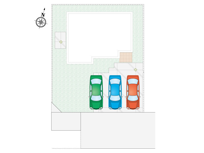 【2号棟：区画図】並列3台駐車可能です。