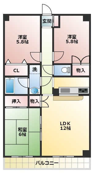 メゾンドソレイユの間取り|ファミリータイプの３LDKですよ