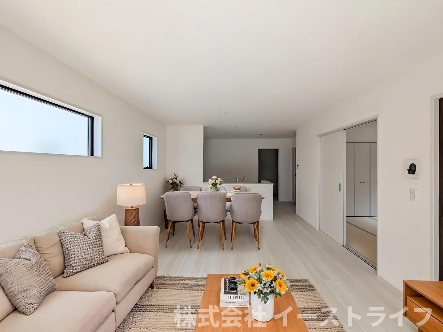 【新築戸建】　いわき市平下平窪3期　全3棟　長期優良住宅　の居間・リビング|同社施工写真　リビング家具配置イメージ本画像はCGで作成しており、実際に現地に 家具は置かれておりません。また、価格に 家具は含まれておりません。