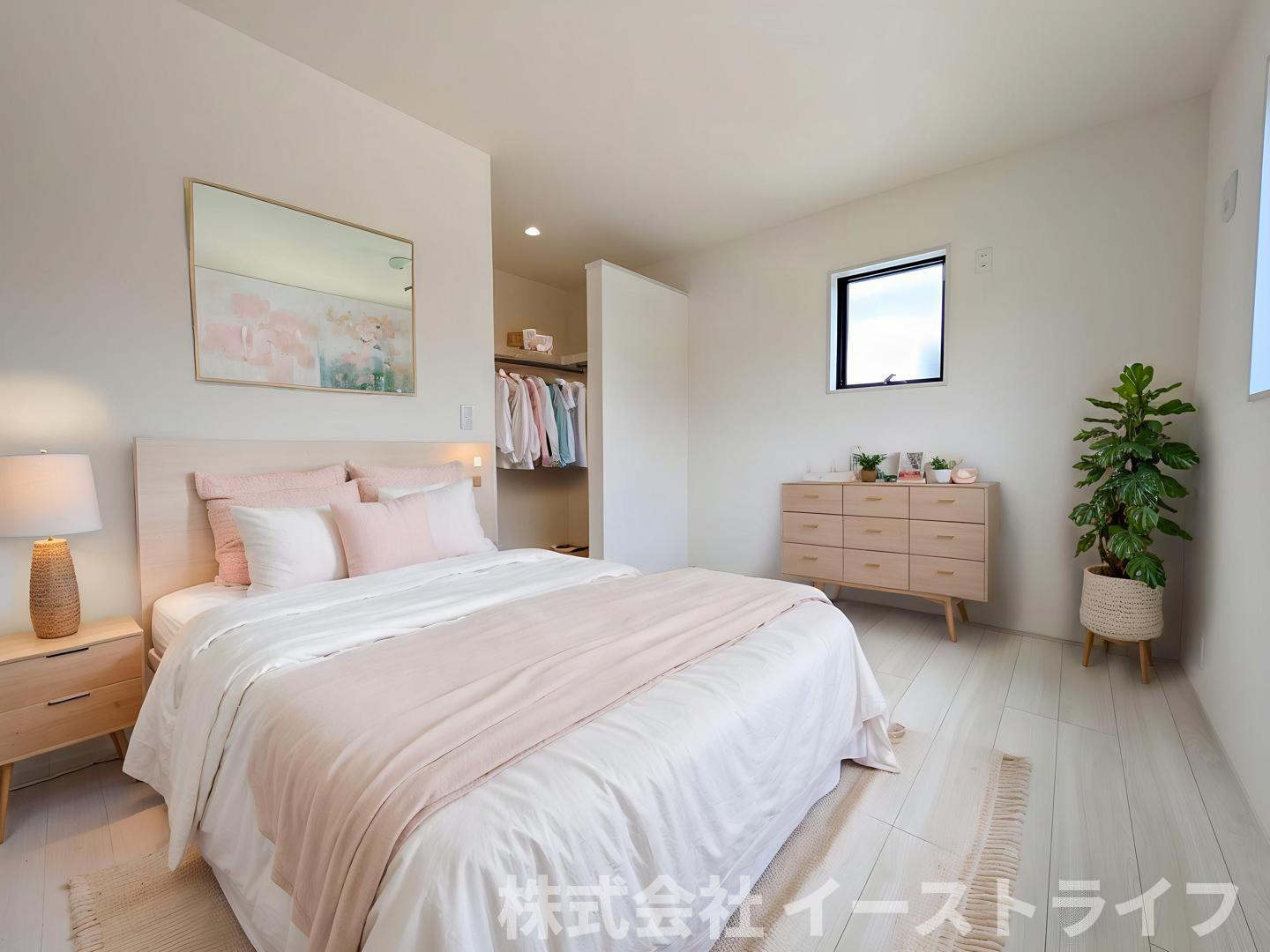 【新築戸建】　いわき市平下平窪3期　全3棟　長期優良住宅　の寝室|同社施工写真　フローリングのお部屋は耐久性があり傷がつきにくいので、一般的な使用ではメンテナンスはあまり必要ありません。また、汚れたらさっと拭き取るだけで、キレイな状態を保つことができます。
