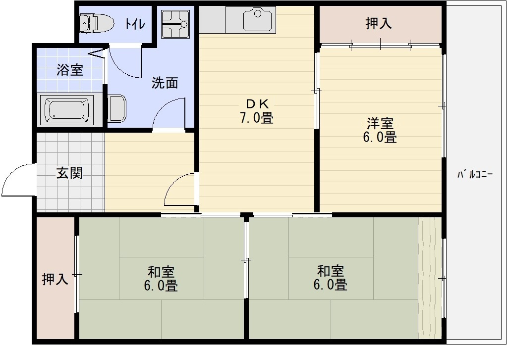 サンメイト2の間取り|第2サンメイト（柏原市国分本町）　3DK
