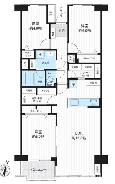パレ平塚すみれ平参番館の間取り|南向き　３LDK
