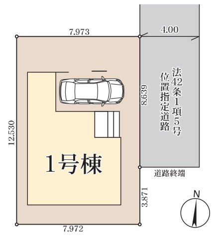 三郷市鷹野1丁目　新築戸建の区画図|ガレージを含む並列2台駐車可能