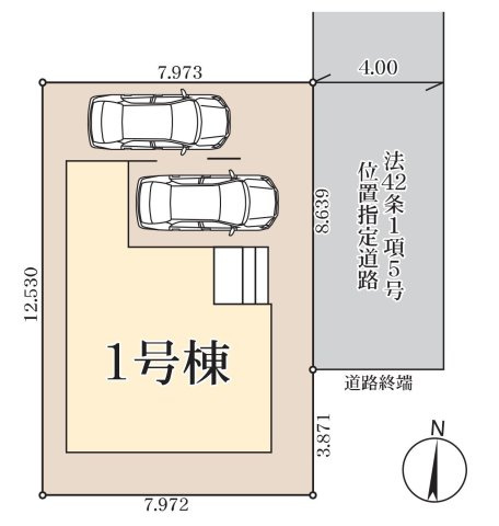 三郷市鷹野1丁目　新築戸建の区画図|ガレージを含む並列2台駐車可能