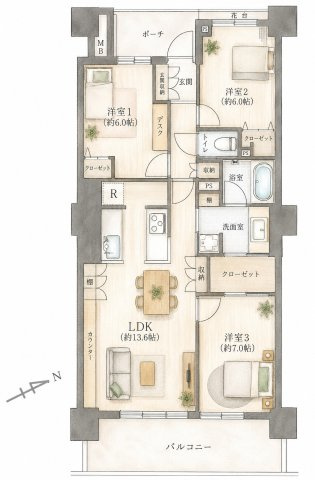 コットンハーバータワーズベイウエストの間取り|3LDK、価格10,999万円、専有面積80.14m2、バルコニー面積13.20m2 　ポーチ面積4.57m2 【LDK　13.6帖】 【洋室　7.0帖・6.0帖・6.0帖】   