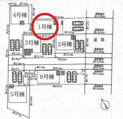 西尾市一色町松木島第9　新築分譲住宅　全6棟　1号棟の区画図