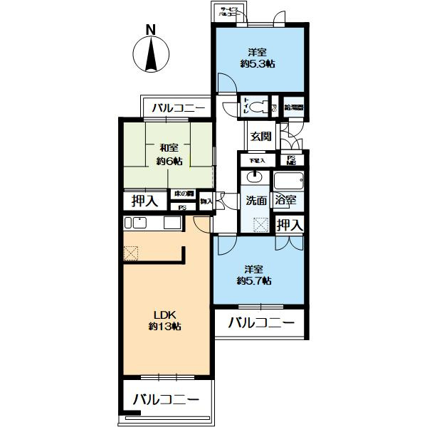 日興雲雀丘花屋敷ガーデンホームズC棟の間取り|３LDK、価格1998万、専有面積77.13㎡(壁芯)、バルコニー面積13.65㎡、風の通りがいいお部屋です。