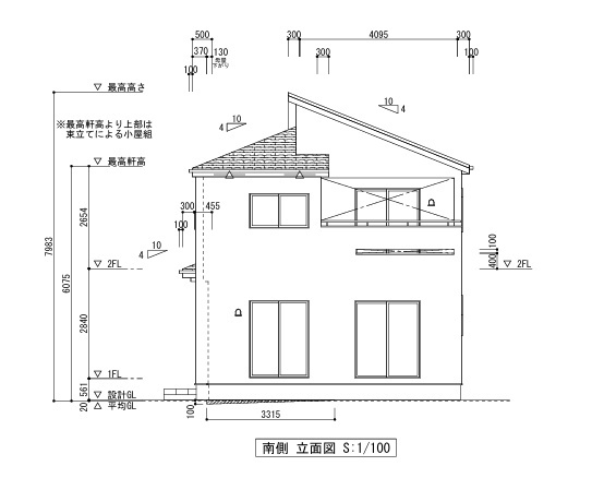 郡山市富田町字西原　　　　１号棟　　　大島小学校、郡山第６中学区の外観|南側から見た立面図♪