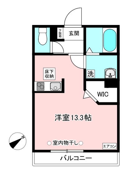 【間取り】 | グランディール新百合 | 洋室13.3帖のワンルームタイプ！ちょっと広めのお部屋をお探しの単身者さんにオススメ☆ウォークインクローゼット付きでお部屋が広々使えます☆